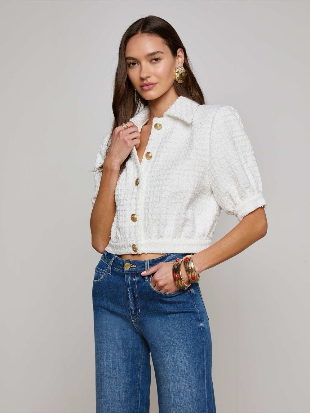 NEW L'AGENCE Cove White Tweed Boucle Jacket Crop Office Old Money Polished $575